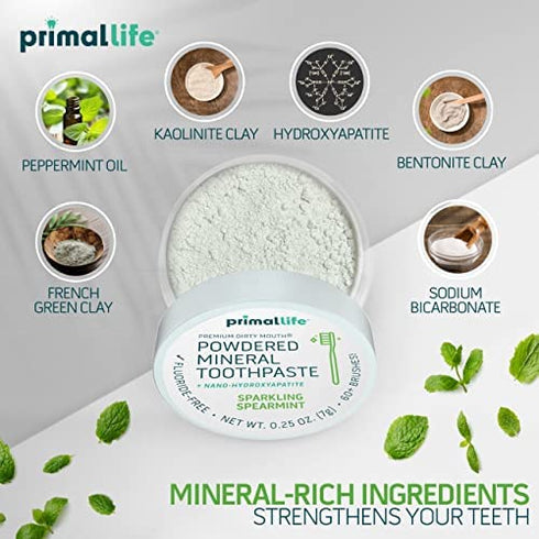 Primal Life Organics - Dirty Mouth Toothpowder, Tooth Cleaning Powder, Flavored Essential Oils With Hydroxyapatite, Natural Kaolin & Bentonite Clay, Good for 60+ Brushings, Paleo, Organic, Vegan (Spearmint, 0.25 oz)